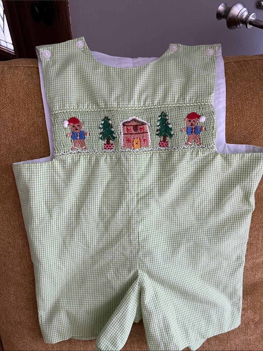 Green Gingham Smocked Kids Romper